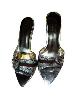 Gucci Silver Leather Mule Pointed Toe Slip-On Heels